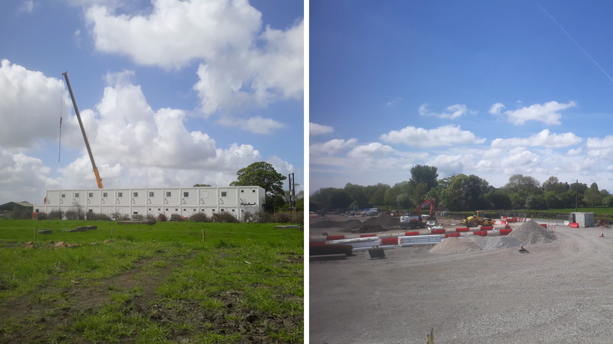 (left) Site cabins and (right) the site compound at Blackburn WwTW - Courtesy of United Utilities