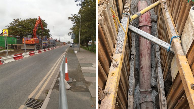 (left) Open cut pipelaying in Highfield Road and (right) rising main pipework dropping in level to avoid services - Courtesy of MMB