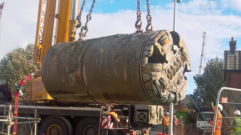 Tunnel boring machine being retrieved from the reception shaft - Courtesy of MMB