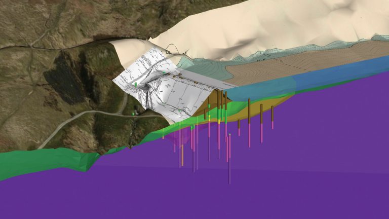 Figure 2 - The northern embankment, Leapfrog 3D ground model including historical data sources - Courtesy of MMB