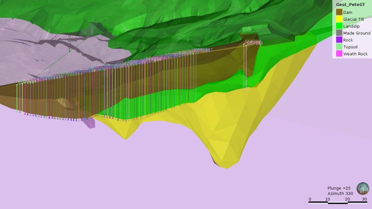 Figure 3: The northern embankment Leapfrog ground model (viewed looking downstream) - Courtesy of MMB
