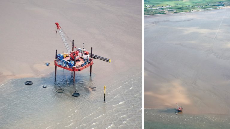 (left) Outfall diffusers: Works commenced at the end of April 2018 with completion by the end of July 2018 and (right) Jack up barge in position adjacent existing outfall diffusers - Courtesy of United Utilities