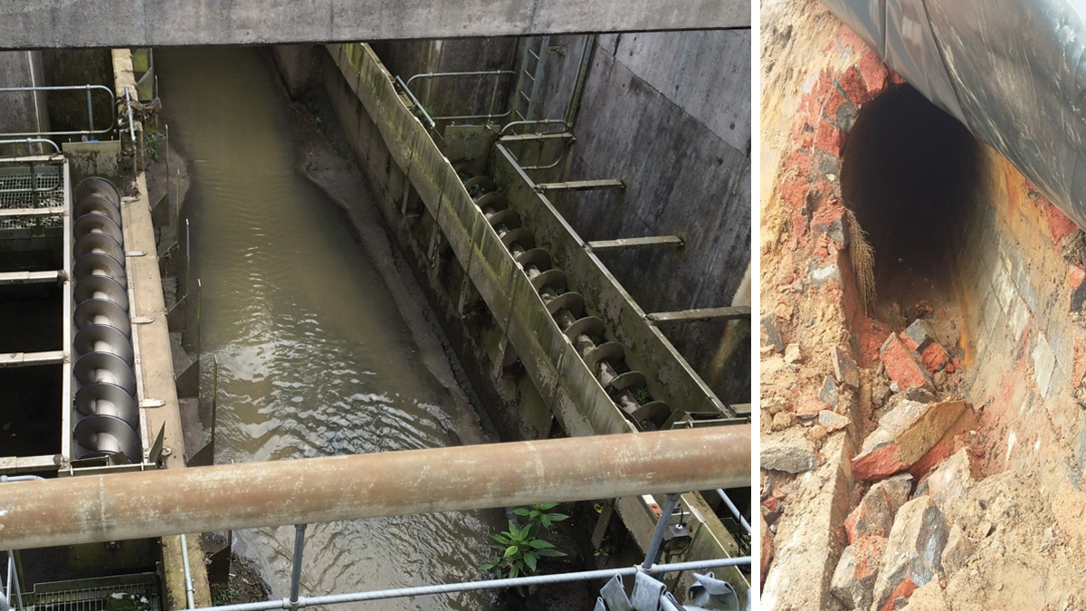 (left) Existing live infrastructure combined sewer overflow - Courtesy of OGI Groundwater Specialists and (right) Victorian buried pipe - Courtesy of Farrans Construction