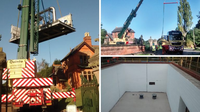 (left) CUV FBA being lifted in to the Papplewick heritage site via the old Station managers house and (top right) road closure and delivery of the UV FBA by Quinto Crane & Plant and (bottom right) New building ready for the UV FBA delivery - Courtesy of NMCNomenca