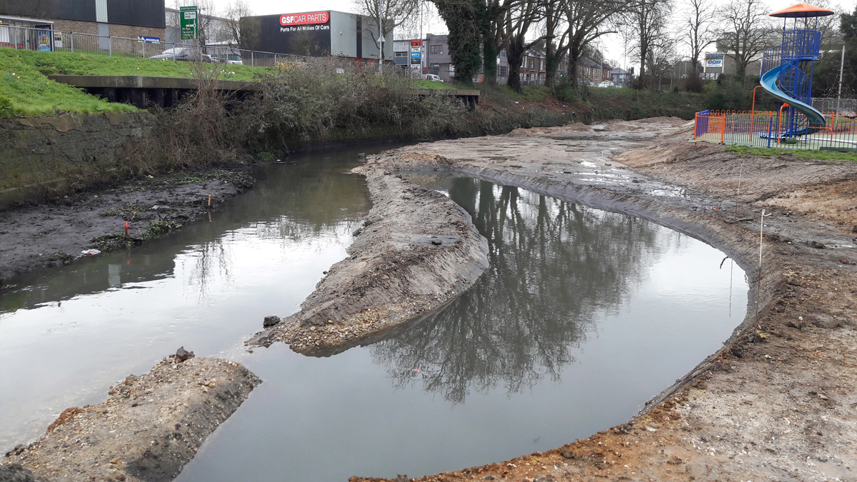 Figure 3: After an intense period of precipitation over several days the river breached the new excavated channel. The work site also flooded and work on site stopped for safety and delayed by a week - April 2018 - Courtesy of Affinity Water
