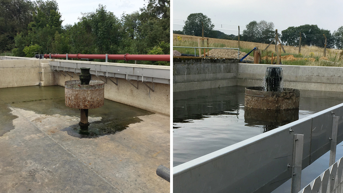 (left) Empty lagoon cell converted into the feed wetwell for tertiary treatment and (right) first fill of the wetwell following modifications - Courtesy of @one Alliance