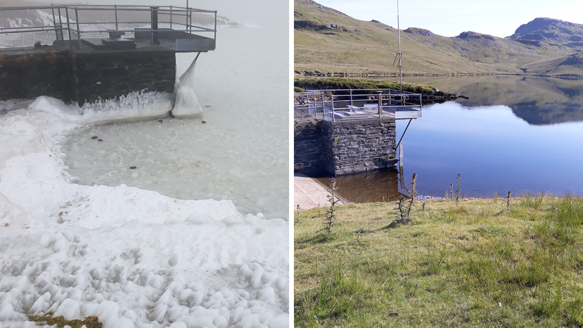 (left) Llyn Morwynion intake in winter and (right) in summer - Courtesy of Dŵr Cymru Welsh Water