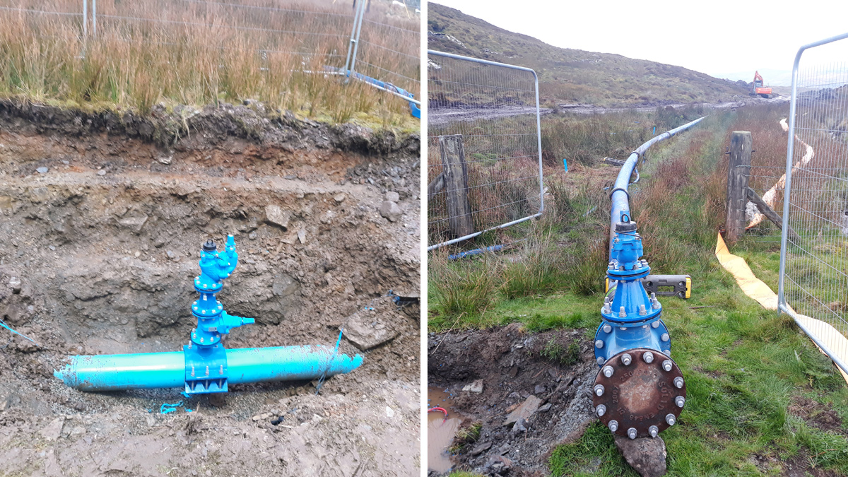 (left) Upper end test point and (right) pipe string before burial - Courtesy of Dŵr Cymru Welsh Water