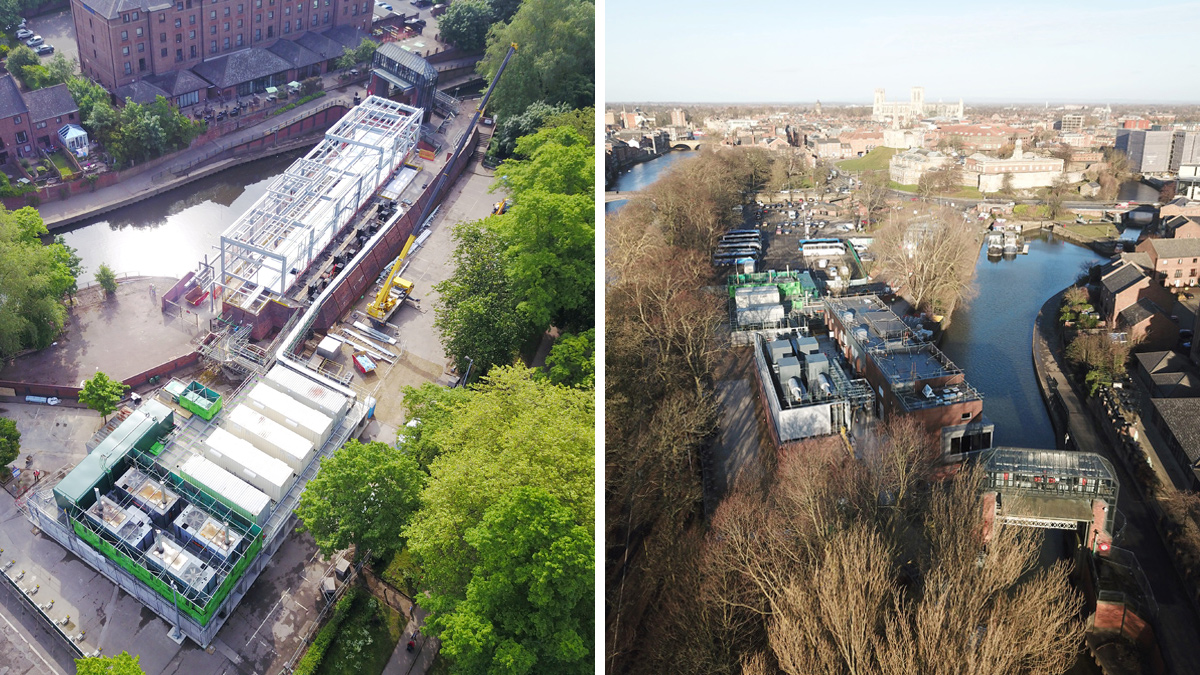 (left) Aerial view of the Foss Barrier scheme and (right) Image showing close proximity of scheme to the centre of the City of York - courtesy of MMB