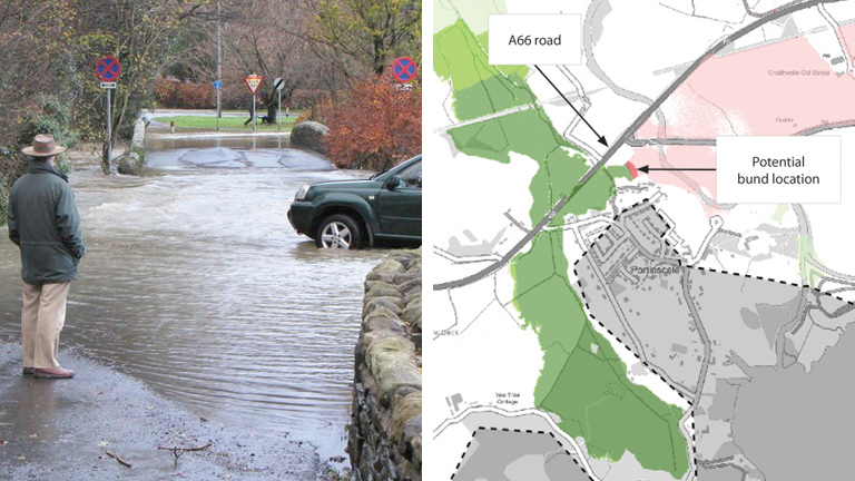 (left) Flooding at a Keswick County Road in Portinscale during with the junction of the A66 near 2009 (E: 324715 N: 523680) Source: Geograph.org.uk 2019 (John Proctor) - Courtesy of Highways England and (right) potential bund location preventing cross-flow from the Derwent catchment into the Pow Beck and Newland Beck catchment, reduces flood depth to the A66. Note widespread minor increase in depth but this is generally to fields and the option could be optimised to improve this