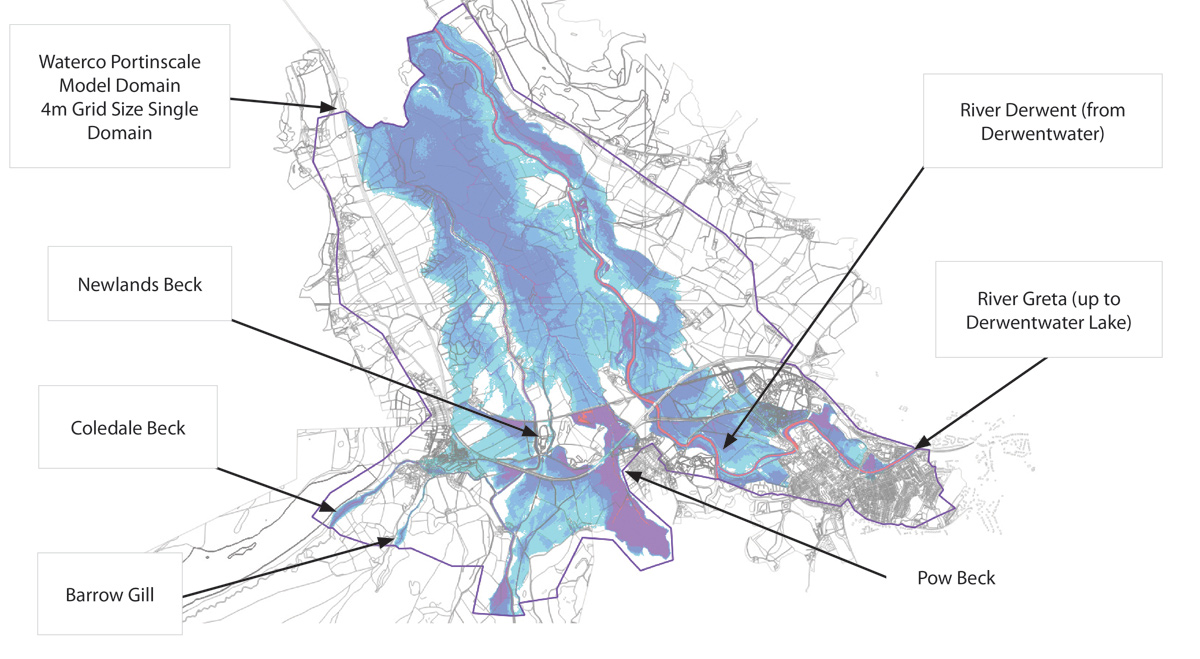Combined single domain 4m model of Portinscale area with flood extent - Courtesy of Waterco
