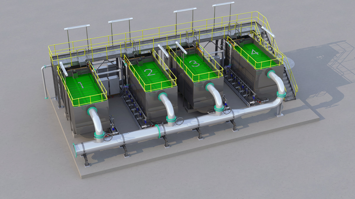 Crewe STW - Evergreen cloth filters 3D render with inlet manifold and ground level control panels - Courtesy of Evergreen Water Solutions Design Team