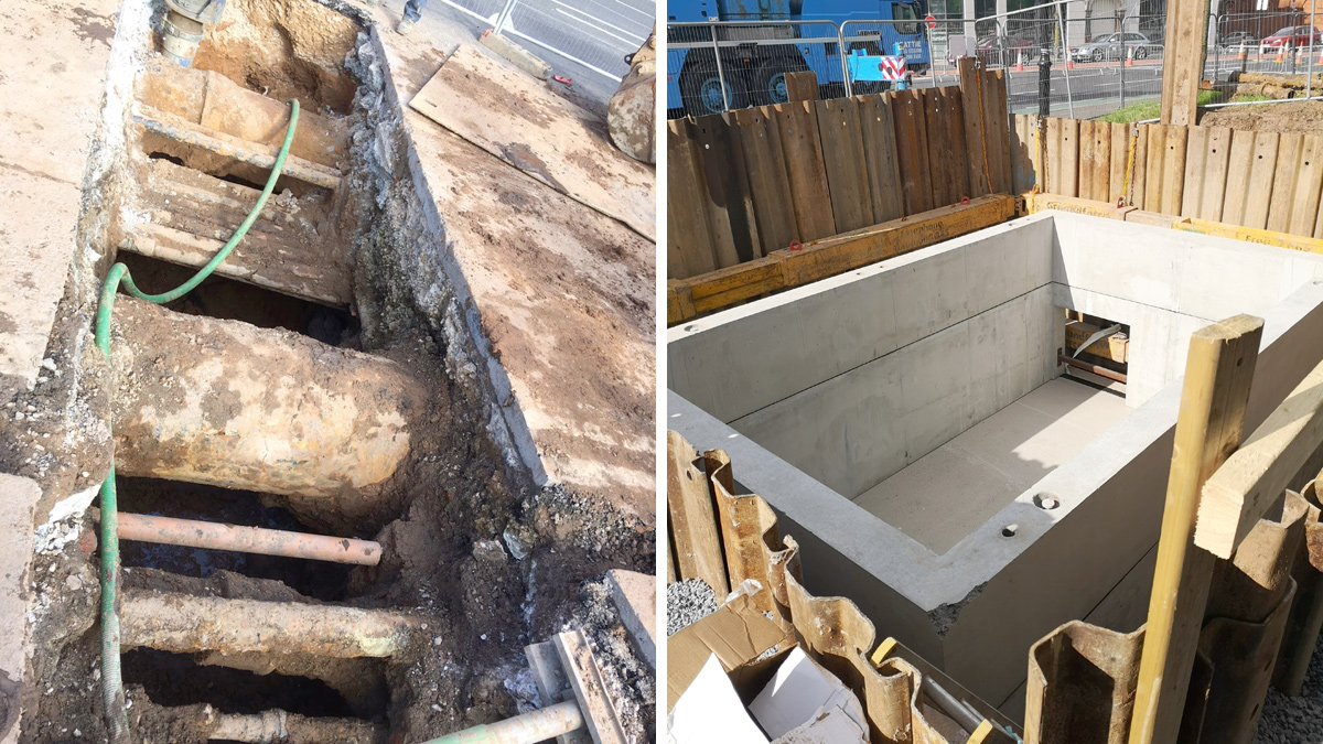 (left) Example of congested services encountered while pipe laying and (right) precast concrete CSO chamber at Cromac Street - Courtesy of Dawson WAM
