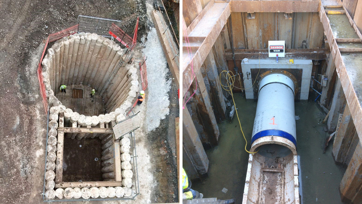 (left) Secant piles installed for the WwPS and CSO chamber at Bankmore Square and (right) pipe jacking launch pit inside a sheet piled cofferdam. Great Victoria Street trenchless crossing - Courtesy of Dawson WAM