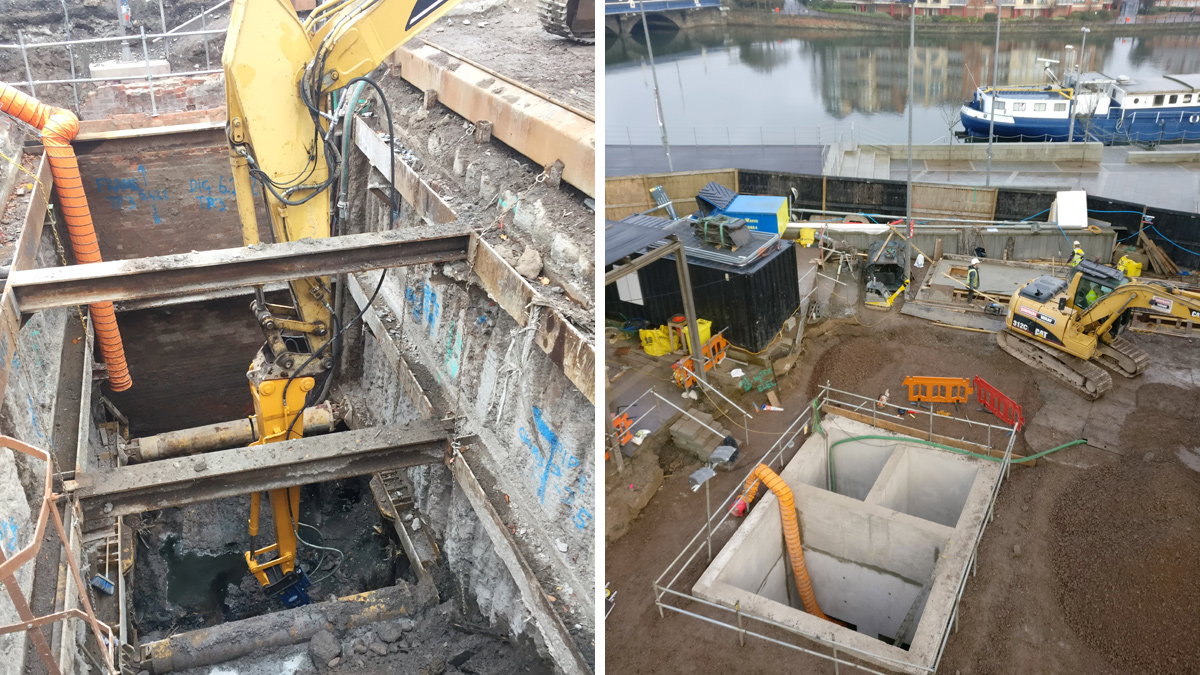(left) Excavation within secant piled cofferdam with 3 levels of temporary props and (right) completed siphon chamber walls at Lanyon Quay with Greggs Quay in the background, on the far riverbank - Courtesy of Dawson WAM