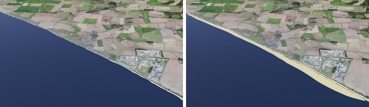(left) Coastline before and (right) after sandscaping - Courtesy of Royal HaskoningDHV
