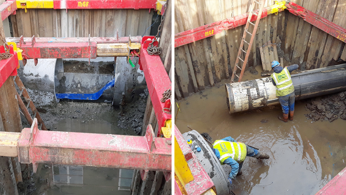 (left) Construction of the DN1200 overflow sewer using pipejacking. The two drives meeting between Manhole 2 and 3 (2018) and (right) construction of the DN1200 and DN762 overflow sewers using pipejacking and auger boring techniques. The two drives meeting at Manhole No.3 (2019) - Courtesy of Esh Stantec