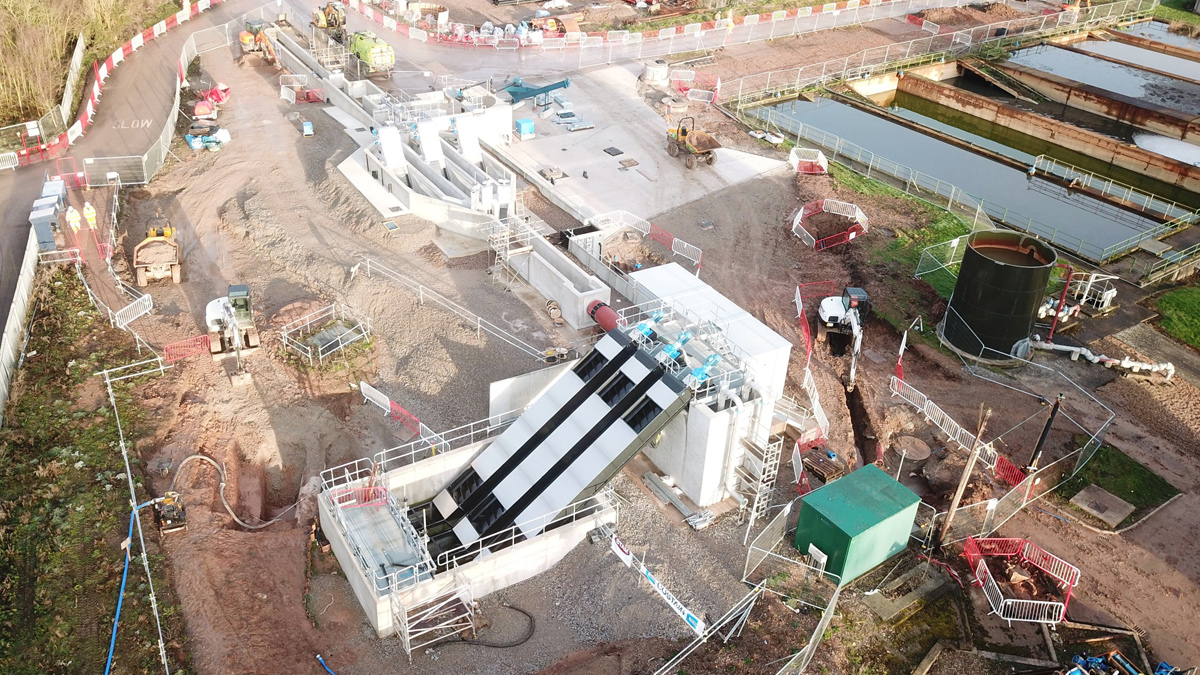 Aerial view of new screw pump station and inlet works under construction - Courtesy of Costain