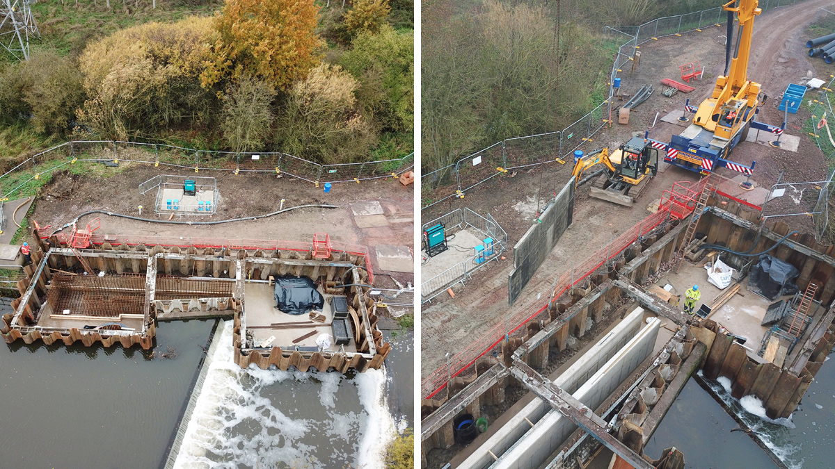 (left) Aerial photo showing construction within the cofferdam and (right) the long reach concrete pump - Courtesy of Galliford Try