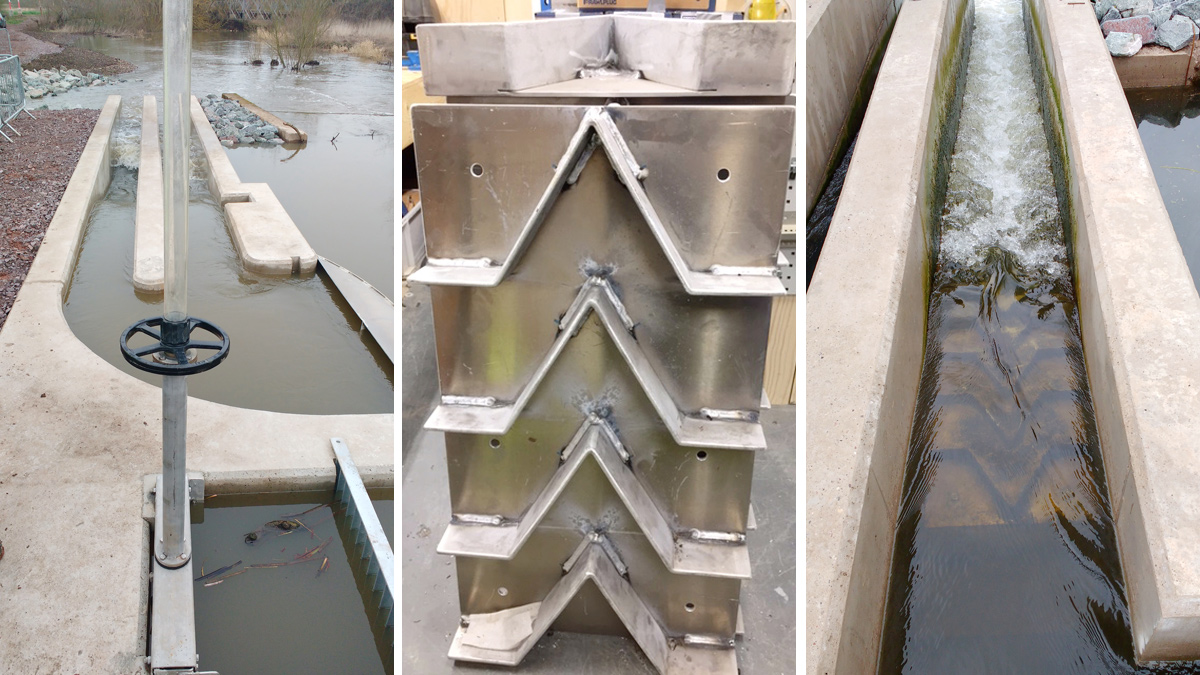 (left) fish pass at high flow (middle) stainless steel Larinier fish pass section and (right) Larinier fish pass at low flow