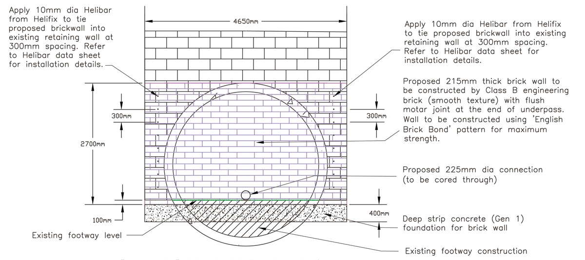 Proposed brickwall details showing pedestrian underpass being blocked off - Courtesy of Galliford Try