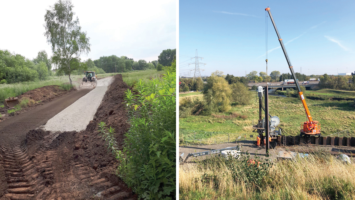 (left) Haul road stabilisation and (right) sheet piling using Giken Supercrush piling - Courtesy of Severn Trent