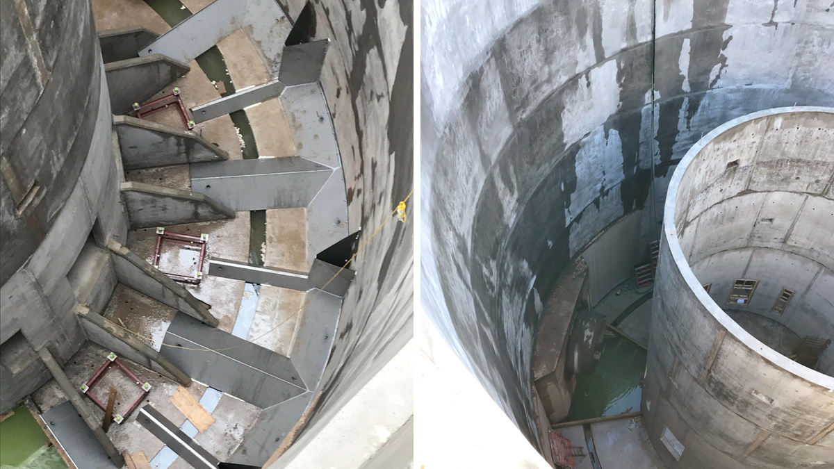 (left) Simplification of complex pump presentation geometry: prefabricated concrete walls and preformed benching in stainless steel and (right) precast concrete core, spray lined internal and tunnel portal - Courtesy of nmcn PLC