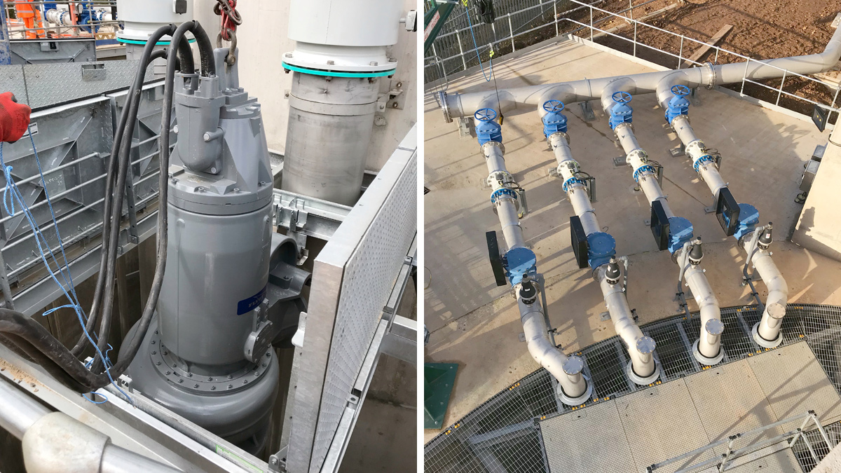 (left) 175KW Xylem Water Solutions storm pump weighting 4.2 tonnes and (right) ctainless steel dry weather flow pipework (300mm diameter) - Courtesy of nmcn PLC