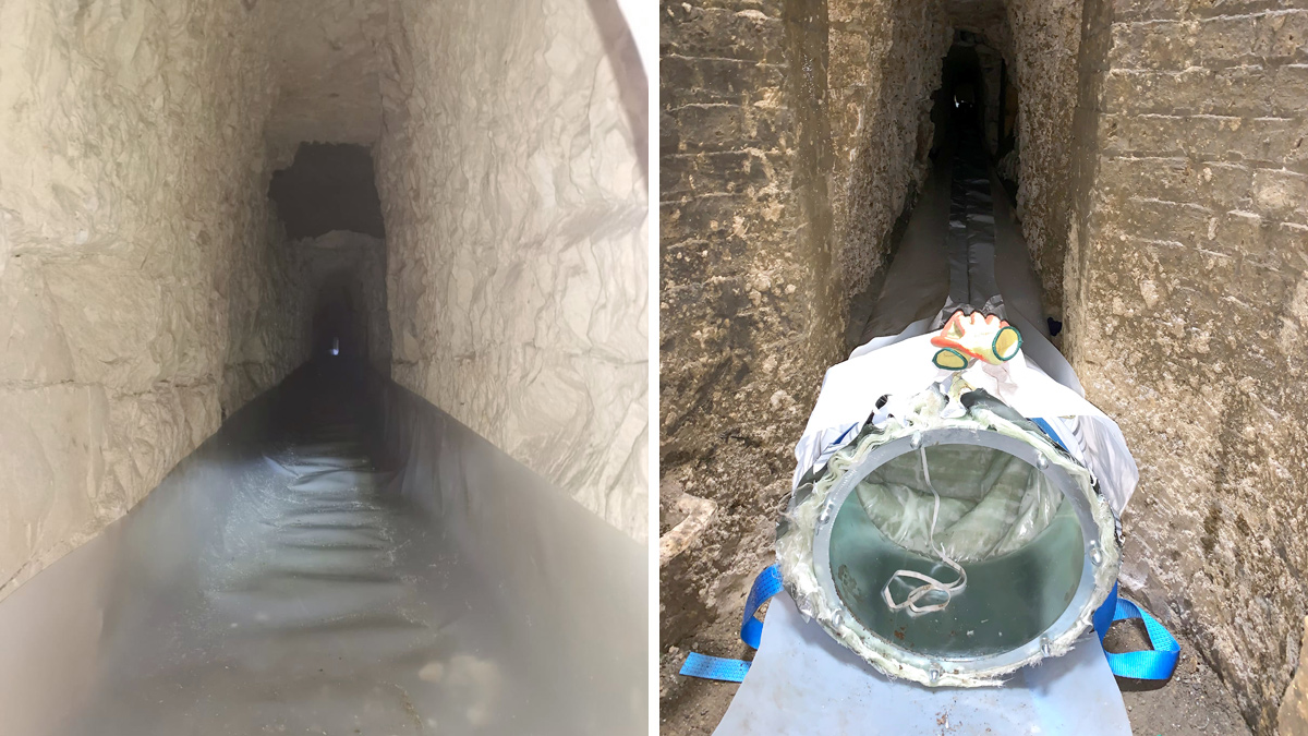 (left) London Road lining preparation and (right) the tunnels are lined using a CIPP liner, these liners are used to minimise water exfiltration, protecting the aquifer below - Courtesy of TPMD