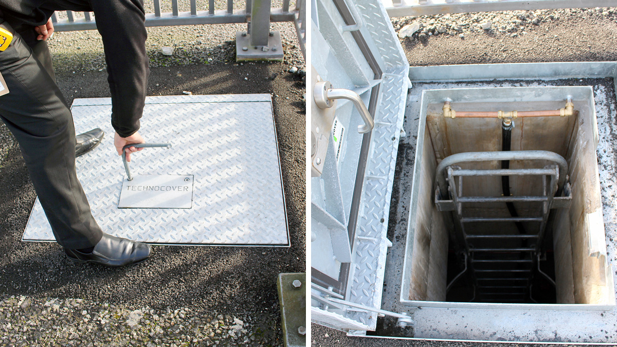 (left) Access cover within tarmac zone with protection rails around it. Note the custom locking key required by the client and the concealed padlock housing, as well as the shrouded hinges at far edge maintaining flush anti-trip finish and (right) Interior showing copper pipe from frame drainage connection points and the central single black hose that carries water 18+ metres down to the sump in gallery base