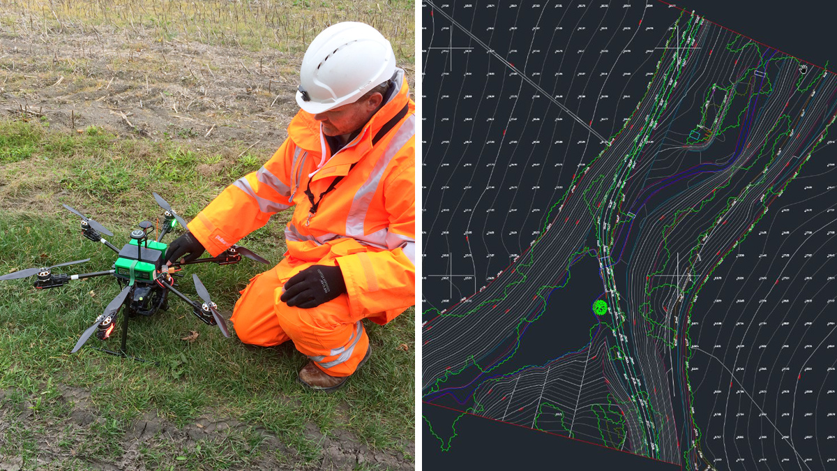 (left) Survey drone and pilot and (right) topographical survey output - Courtesy of SMB