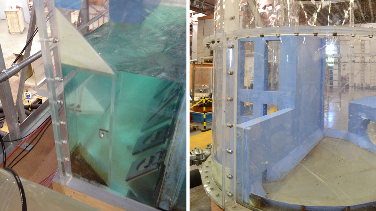 (left) Physical model of Greenwich Pumping Station interception chamber flap valves in operation and (right) physical model of Greenwich PS internal structures for energy dissipation within the shaft - Courtesy of Mott MacDonald and BHR Group