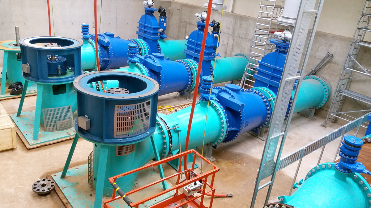 Suspended bowl pumps installed with individual 1.2m dia pipework that heads to new manifold structure - Courtesy of United Utilities