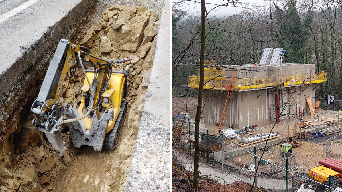 (left) Robotic breaker used during the mains installation and (right) new inlet works during installation of the fine screens (December 2018) - Courtesy of MMB