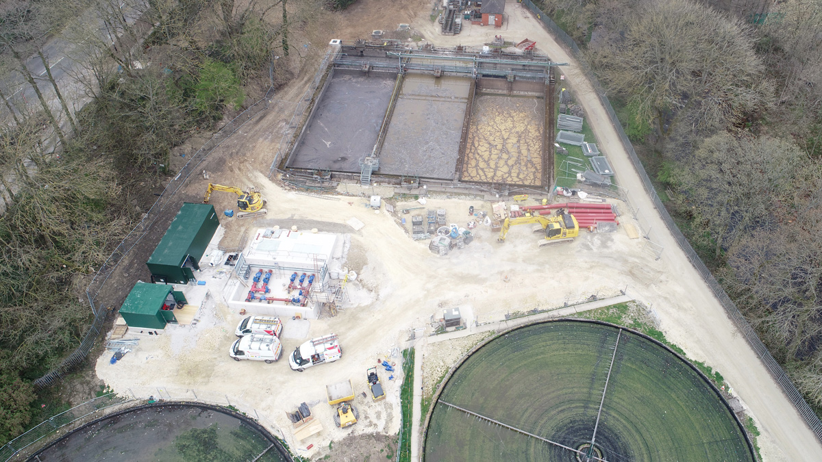 New TSPS at the existing works, shown between the existing primary tanks and trickling filters (April 2019) - Courtesy of MMB