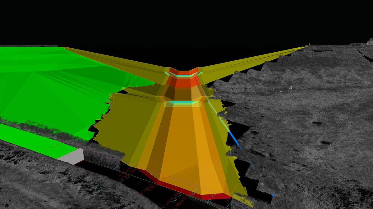 Navisworks model showing the embankment V-notch excavation and new channel with downstream tie-in to the existing spillway channel - Courtesy of MMB
