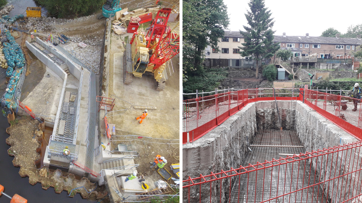 (left) Overview of fish pass with double skin sheet pile cofferdam and permanent crane platform and (right) Contiguous piles installed with reinforced bearing slab - Courtesy of Ward and Burke