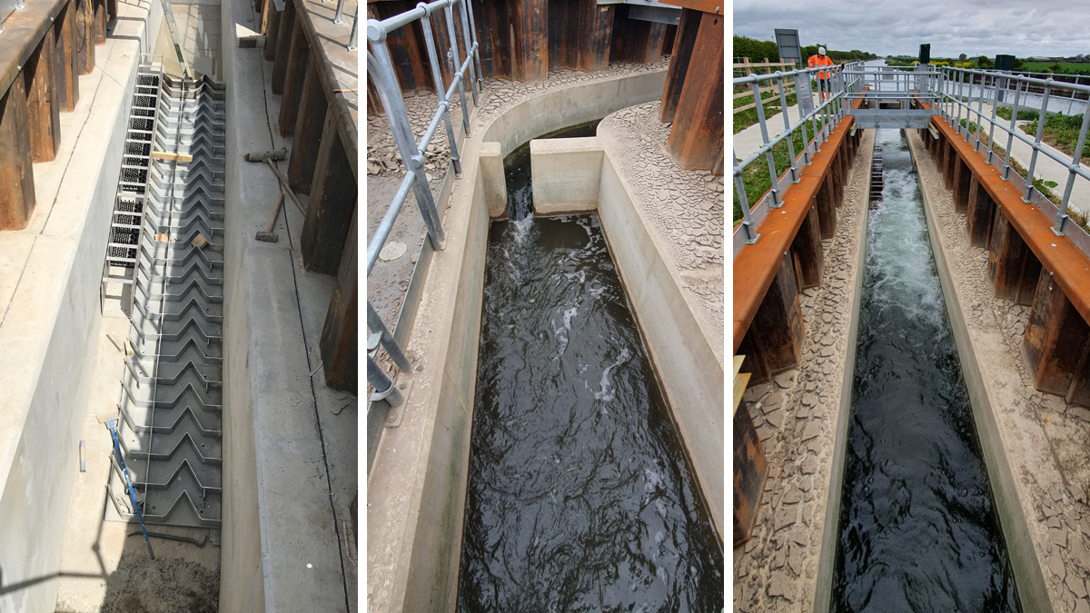 (left) Larinier fish pass tiles combined with the Eel trough (middle) downstream flow restrictions and (right) fish pass in operation - Courtesy of Ward & Burke