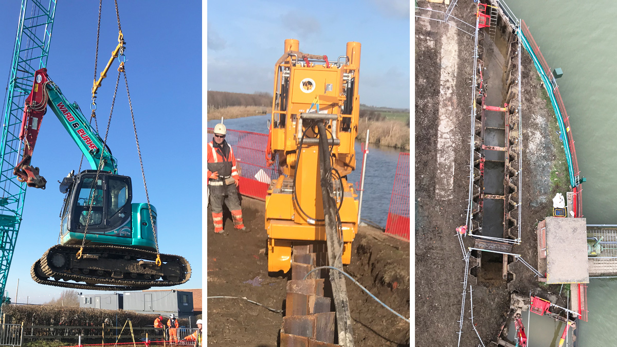 (left) All plant and equipment was hoisted over the lock channel and (middle) the Giken Silent Piler was used to eliminate vibrations which could cause structural damage, and (right) view of sheet piles installed with excavation almost complete - Courtesy of Ward & Burke