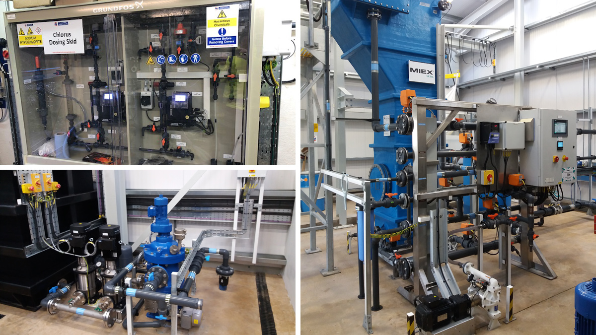 (top left) Sodium hypochlorite dosing skid - Courtesy of Doran Consulting, (bottom left) process water pumps and 20 µm automatic strainer which captures resin carryover in the waste brine and (right) New MIEX ion exchange treatment – Courtesy of FM Environmental