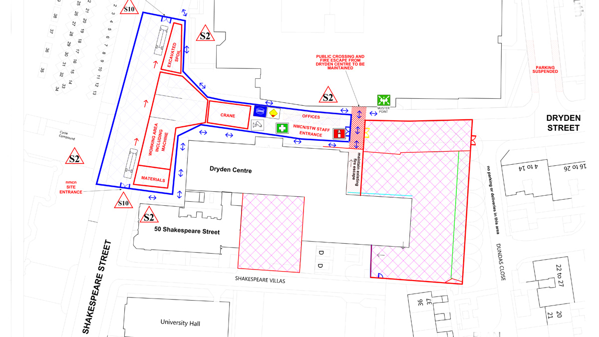 Site compound area lined in blue; adjacent CDM in red - Courtesy of nmcn PLC