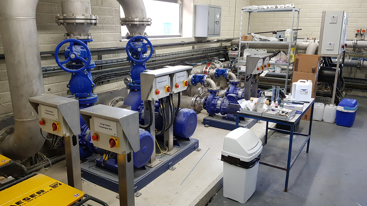 Part-view of the completed pump room at Ardsbeg WTW. All pump sets were skid-mounted and had been laid out as a ‘virtual pump room’ in the EPS factory - Courtesy of EPS Group