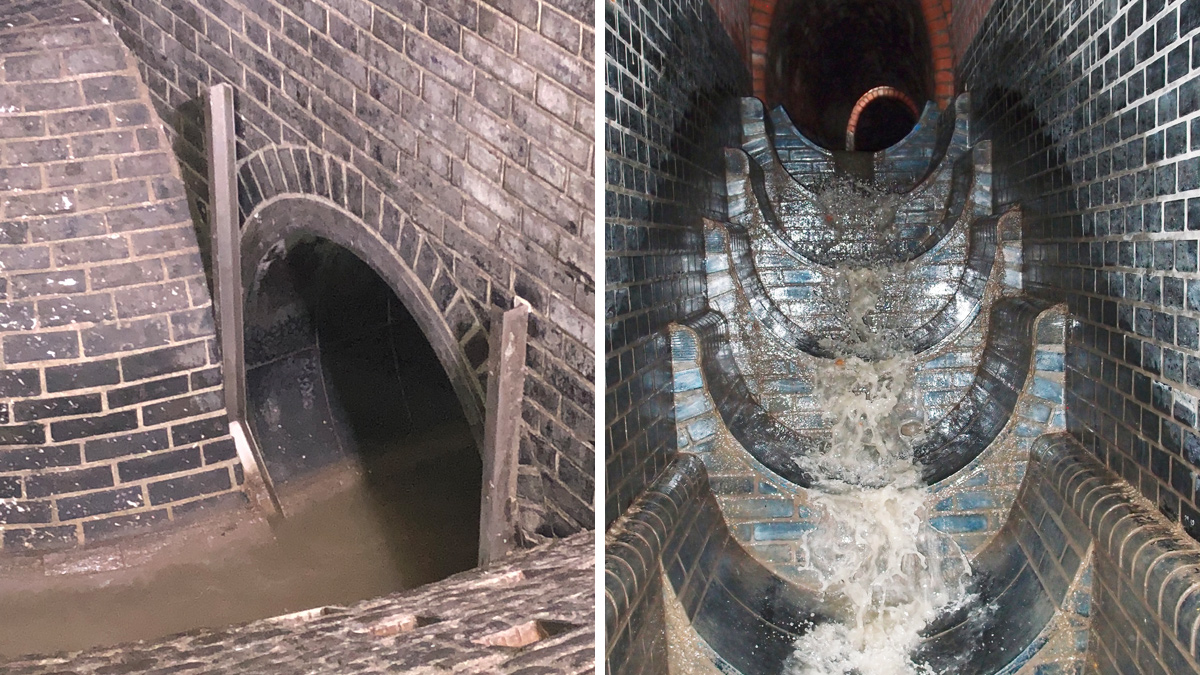 (left) Basalt is ideal for parts of sewer systems that need additional protection and (right) basalt-lined sluice falls beneath the city of Prague - Courtesy of Eutit
