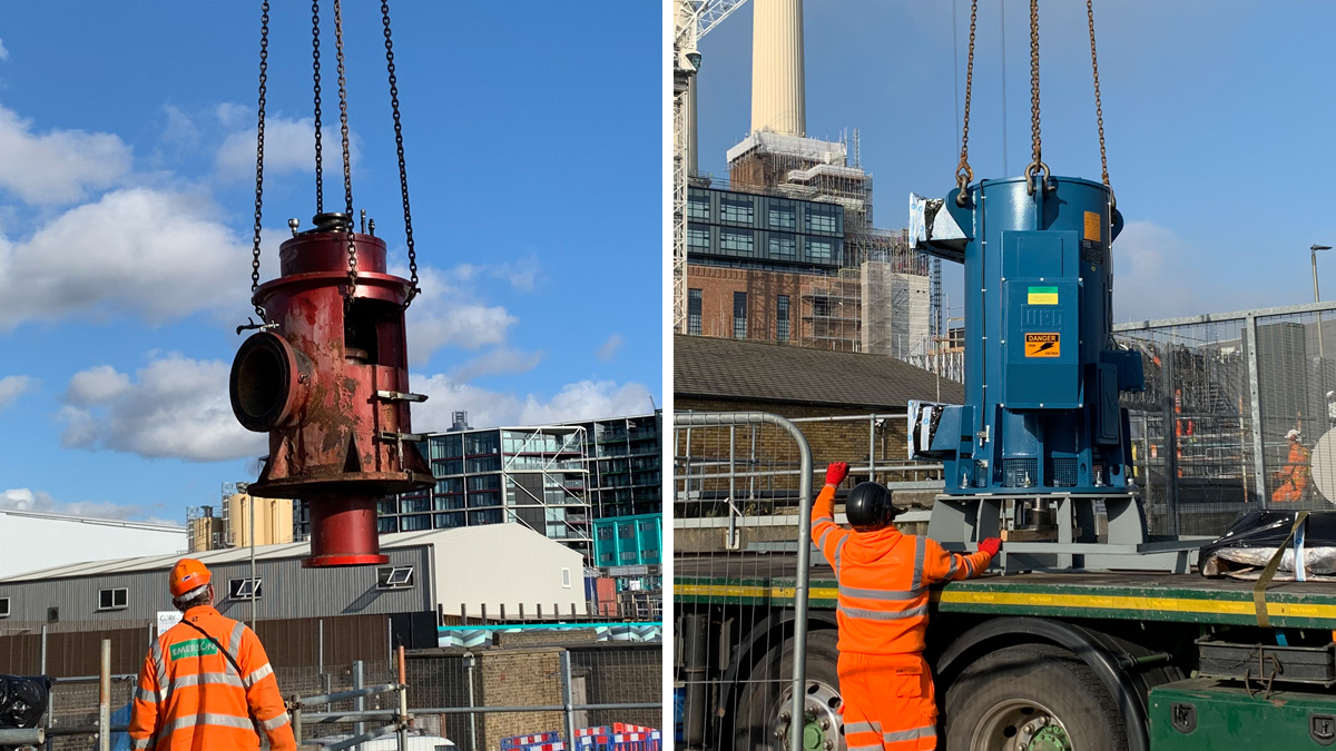 (left) Removing the old pump’s headworks and (right) offloading the new motor - Courtesy of Stantec