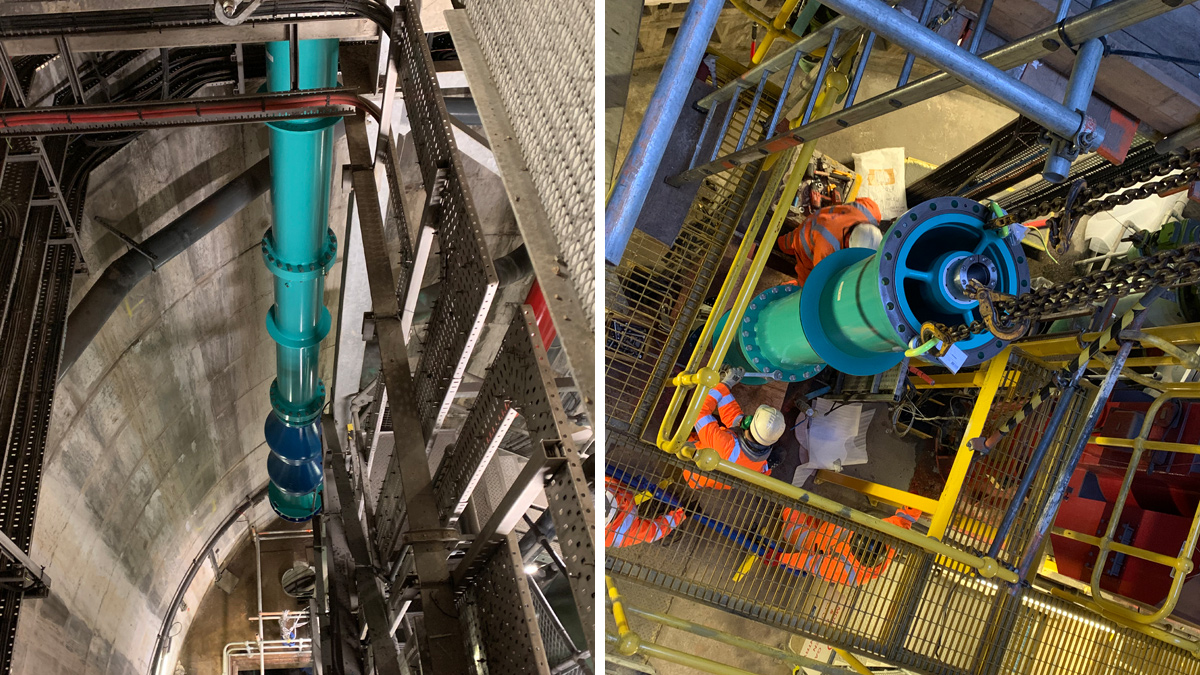 (left) New pump descending into the shaft (right) new pump being lifted into place - Courtesy of Stantec