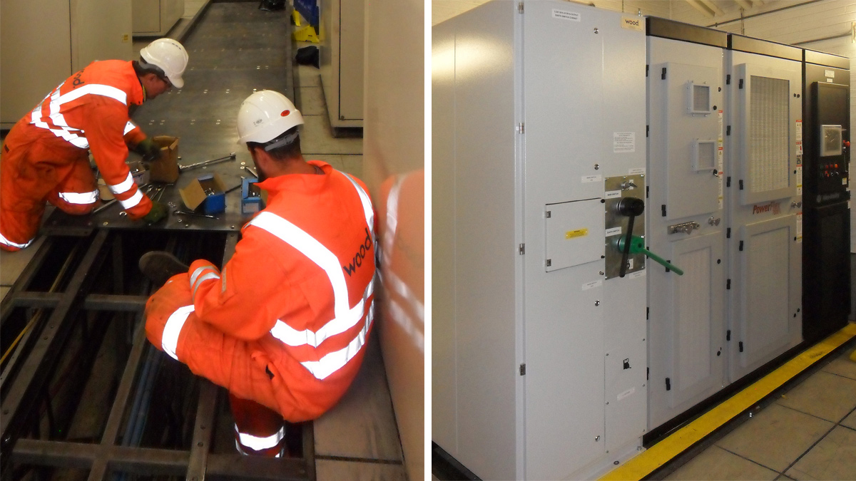 (left) Temporary switchgear room structural floor being assembled and (right) new variable frequency drive - Courtesy of Stantec