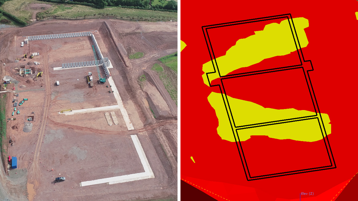 Bands of silt are visible at formation level on the aerial photograph (lighter red/brown colour) and conceptual 3D ground model updated to reflect exact site conditions (silt bands in yellow) - Courtesy of MMB.