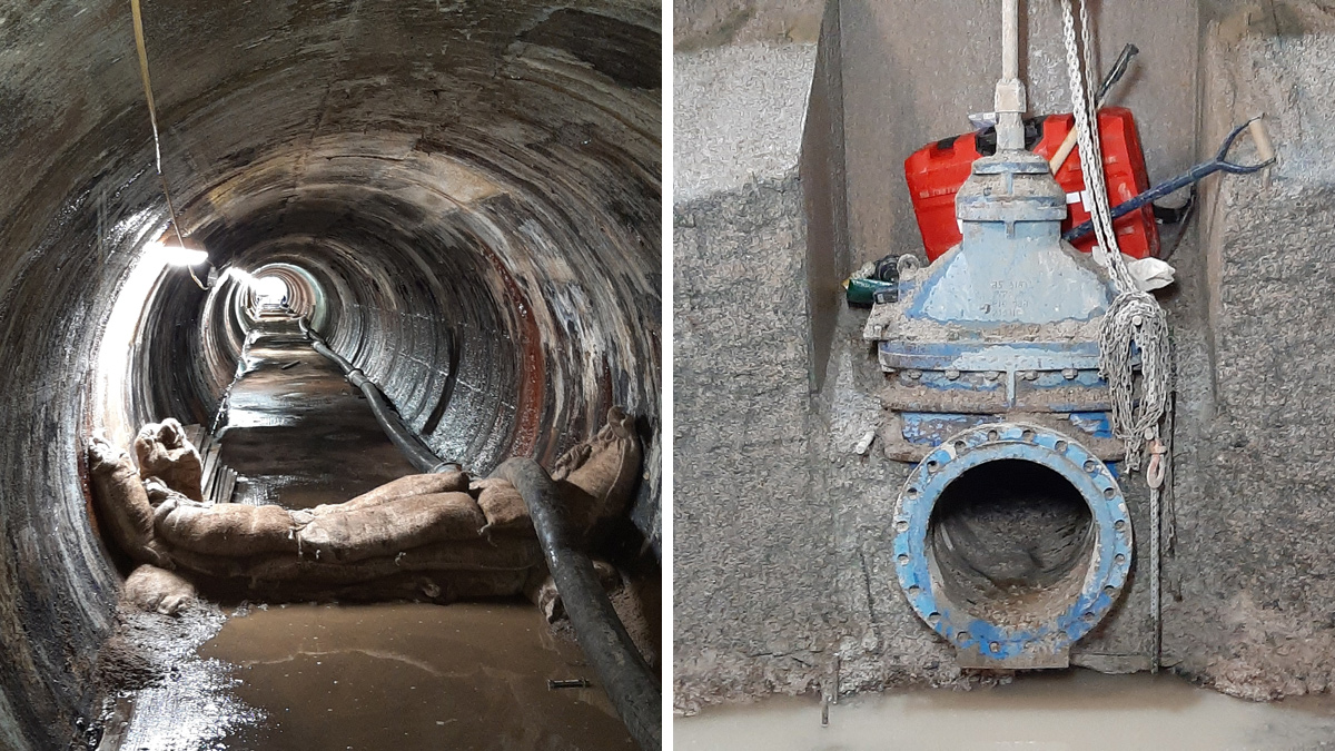 (left) The 1800mm diameter discharge tunnel (and right) to reveal the concrete encased pipework, hydro demolition was used to minimise vibrations - Courtesy of Ward & Burke