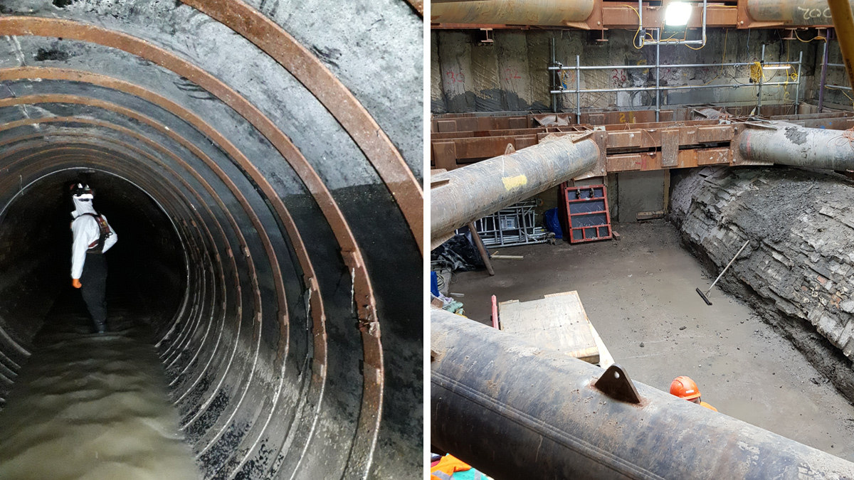 (left) Inspection of leakage liner in LL1 sewer and (right) LL1 sewer exposed prior to brick removal - Courtesy of FLO JV