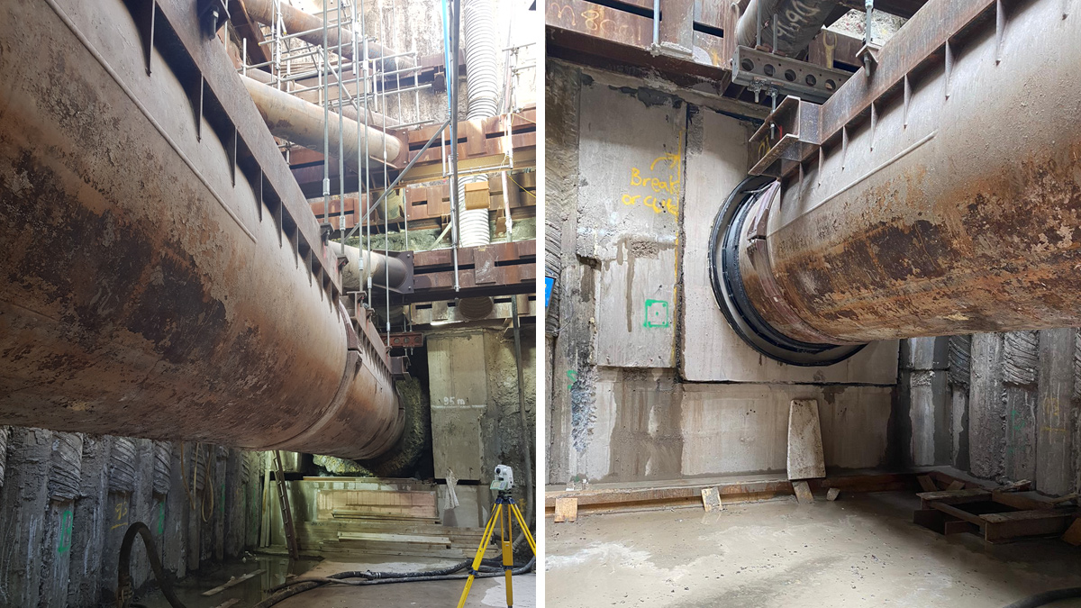 (left) Flume installation complete and excavation continuing and (right) RC collar poured between chamber and flume - Courtesy of FLO JV
